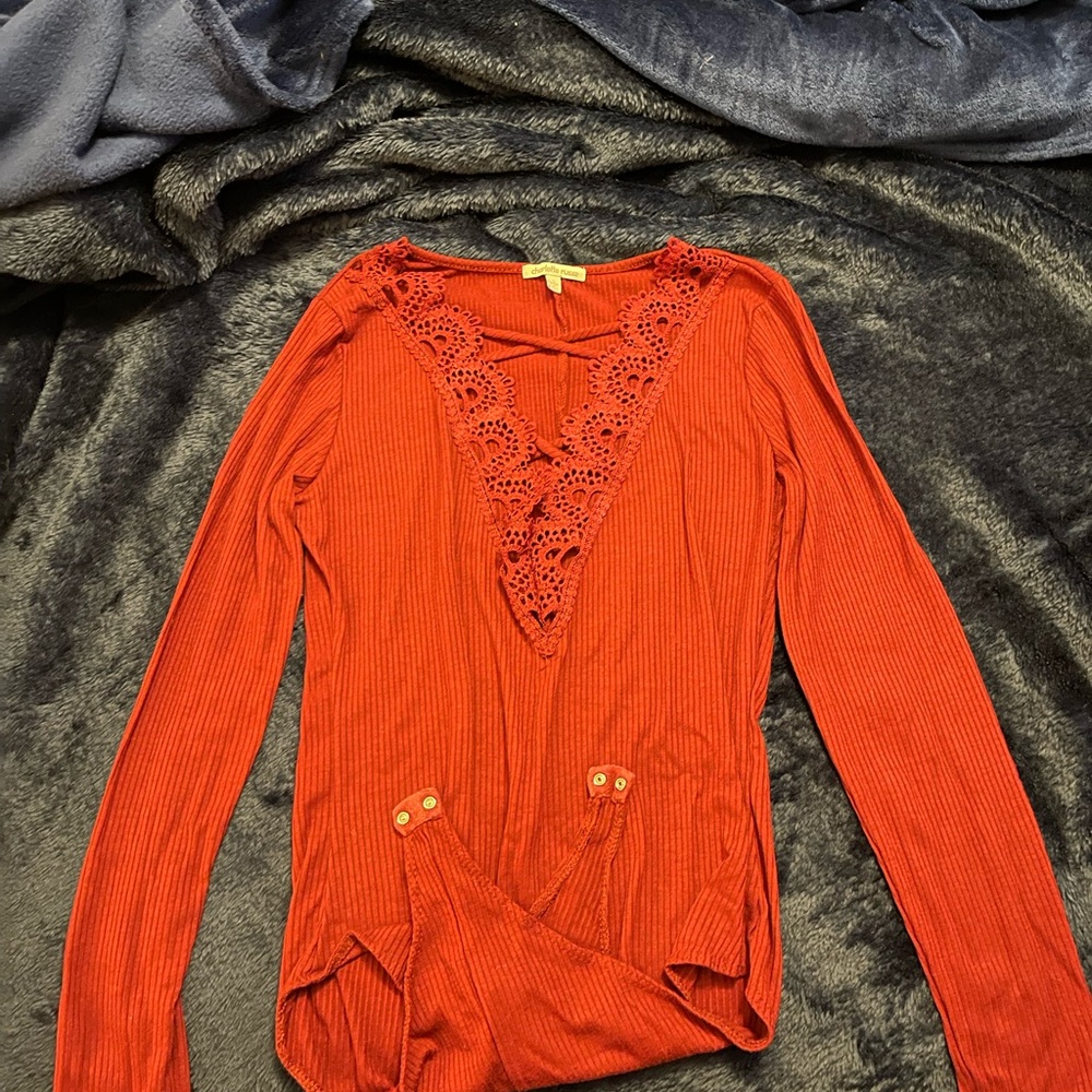 Charlotte Russe Burgundy Red Bodysuit Crisscross Crochet Lace Trim Ribbed(bin D) - Picture 3 of 4